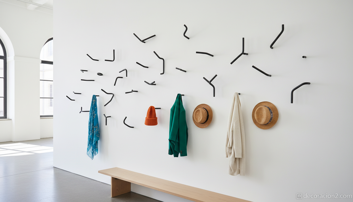 Instalación de percheros artísticos de diseño italiano en pared blanca