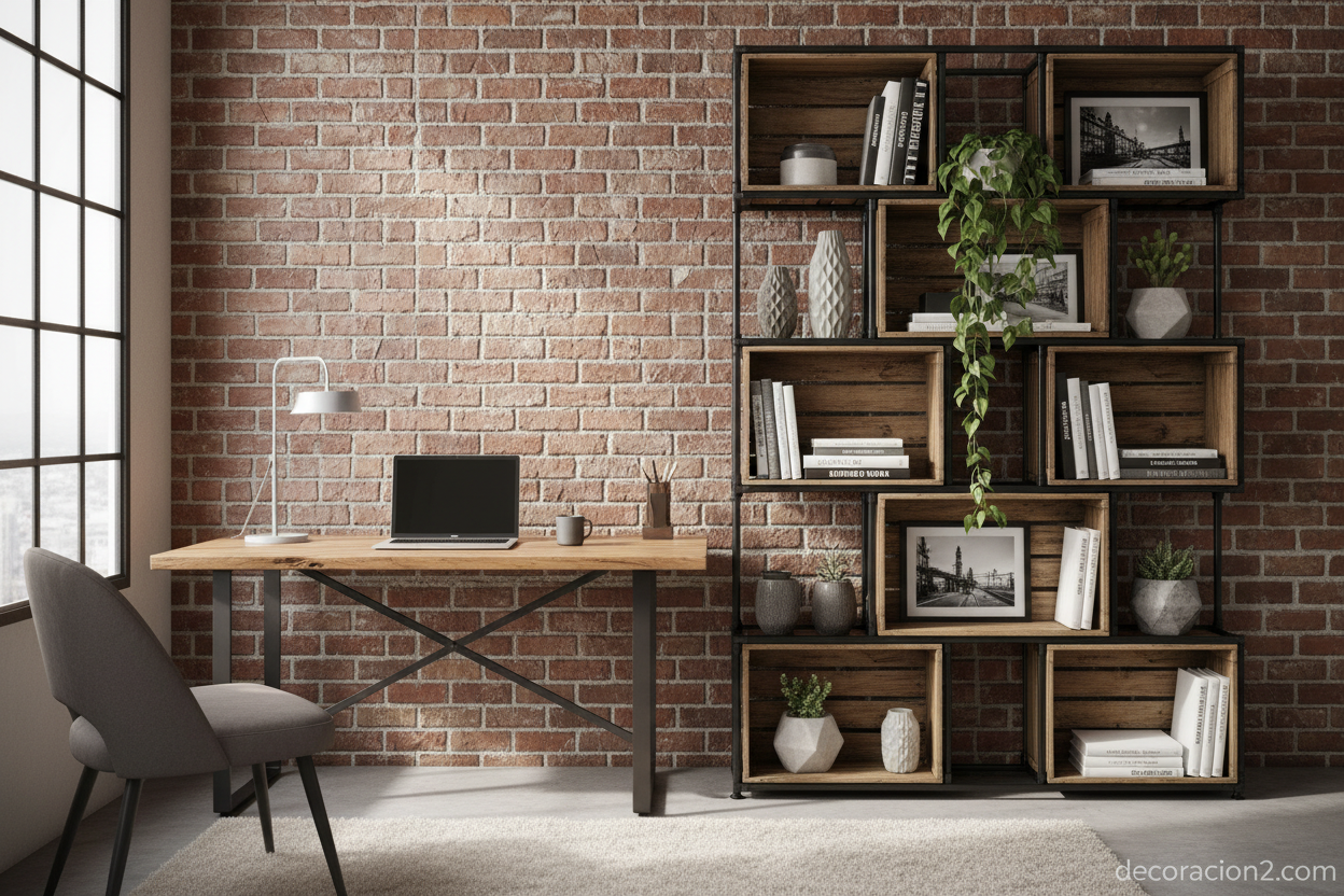 Estantería modular en despacho industrial con libros y plantas