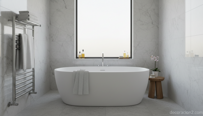 Estantería calentadora de toallas en baño moderno con bañera