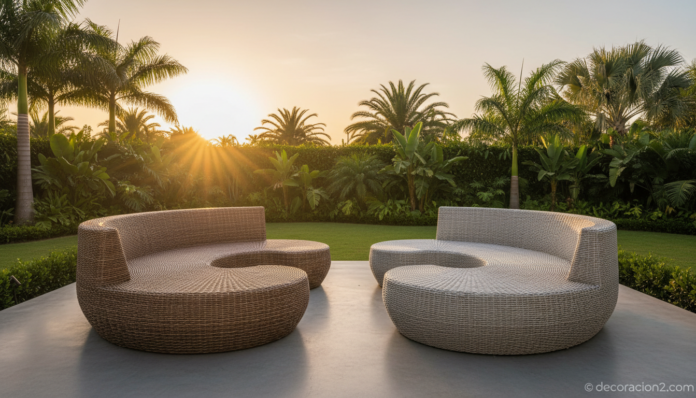 Muebles de jardín Ying Yang en terraza al atardecer