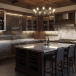 A luxurious modern Italian kitchen inspired by a wine cellar, featuring rich dark mahogany wooden ca