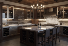 Cocina Barrique de Ernestomeda con madera, mármol y portabotellas