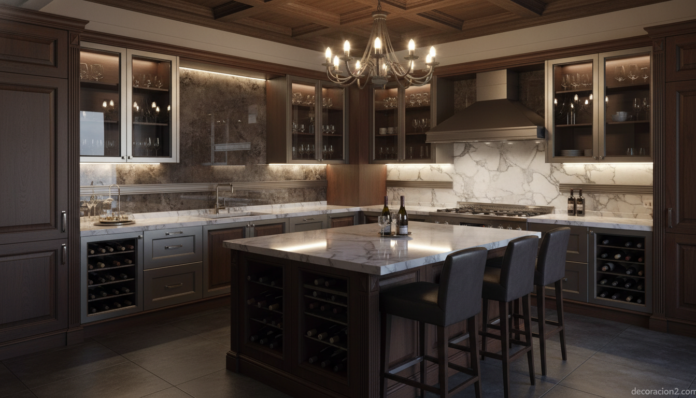 Cocina Barrique de Ernestomeda con madera, mármol y portabotellas