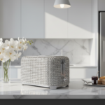 A luxurious stainless steel toaster encrusted with hundreds of sparkling crystals in a modern bright