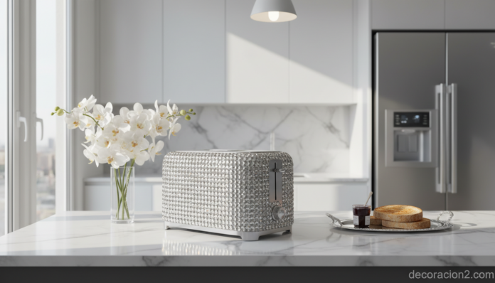 Tostadora Swarovski de lujo con cristales en cocina moderna de mármol blanco