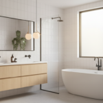 A minimalist Scandinavian bathroom with light oak wood furniture, a freestanding white bathtub, larg