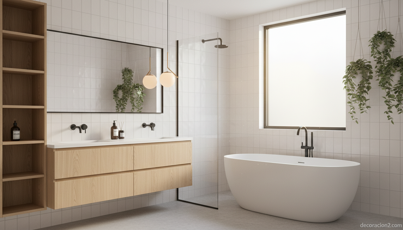 Baño nórdico con mueble de madera clara y bañera exenta