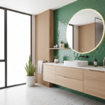 A modern and elegant bathroom with contemporary furniture, featuring a suspended vanity with geometr