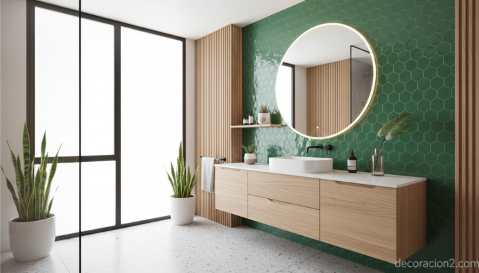 Muebles de baño modernos en baño contemporáneo con tonos verdes y diseño geométrico