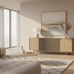 A modern and elegant living room featuring a stylish sideboard with wood and matte finish, decorated