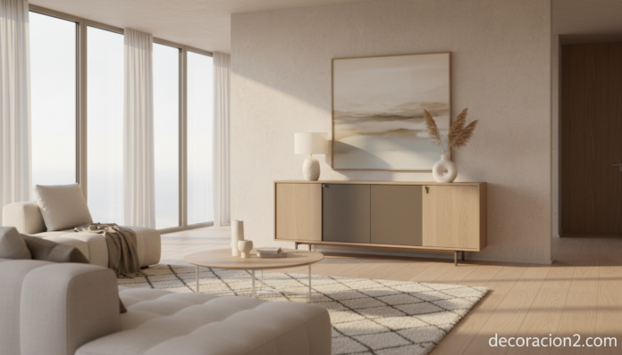 Aparador moderno de madera clara en salón decorado con lámpara y jarrón