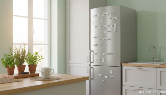 Palabras imantadas para nevera en cocina escandinava moderna