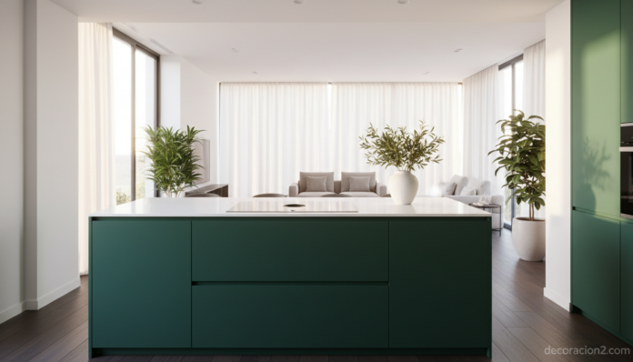 Cocina compacta con isla integrada en verde mate y encimera de cuarzo en salón abierto