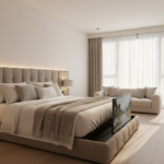 A modern elegant master bedroom featuring a luxurious king-size bed with an integrated television ri
