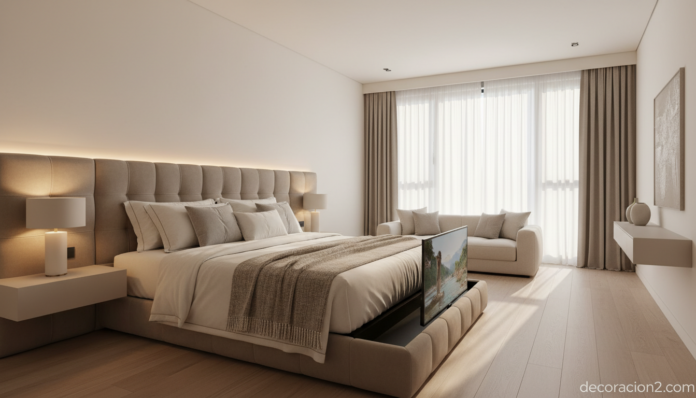 Dormitorio moderno con cama con televisión incorporada emergente