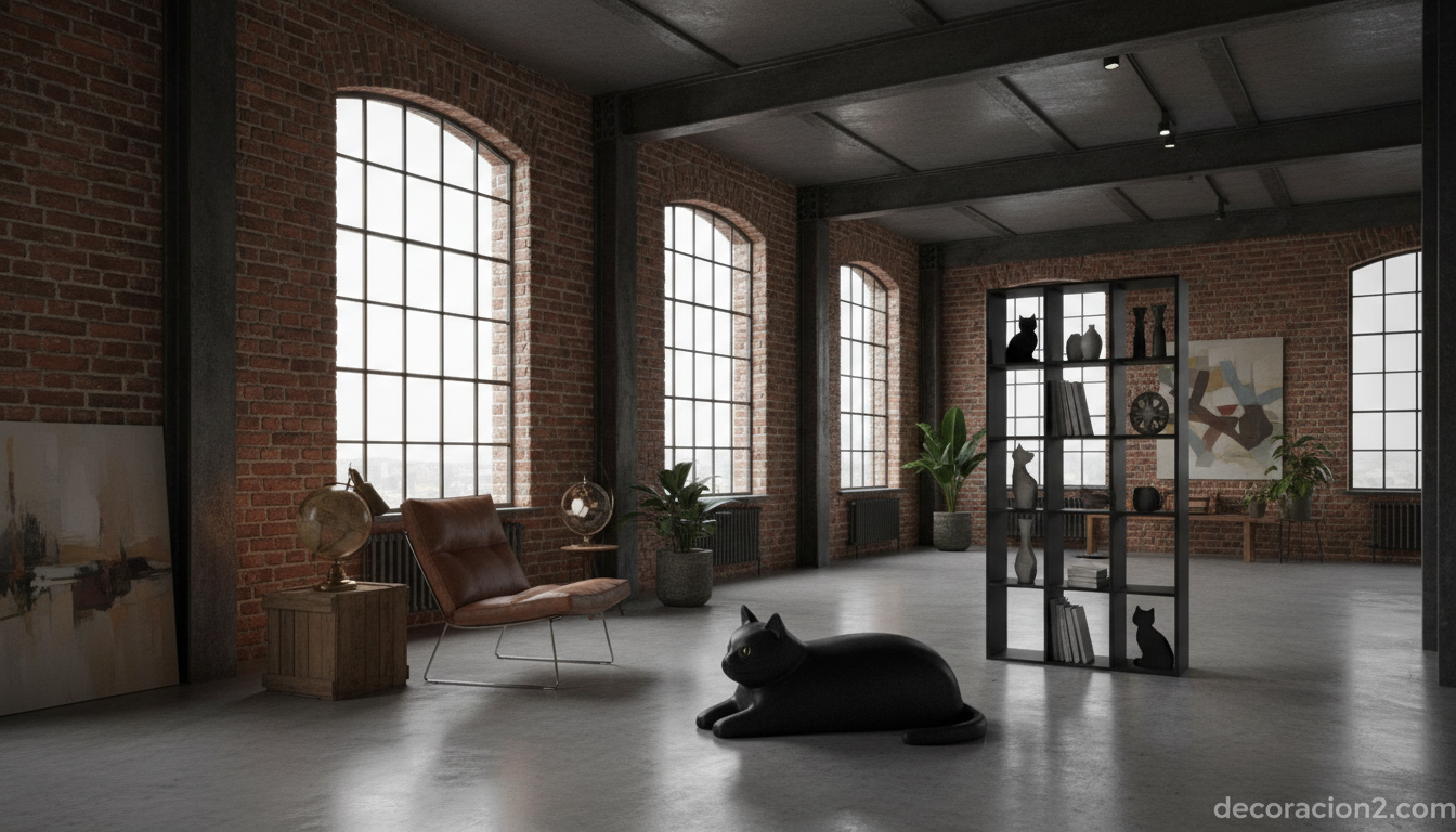 Salón industrial con puff y librería en silueta de gato en color negro mate