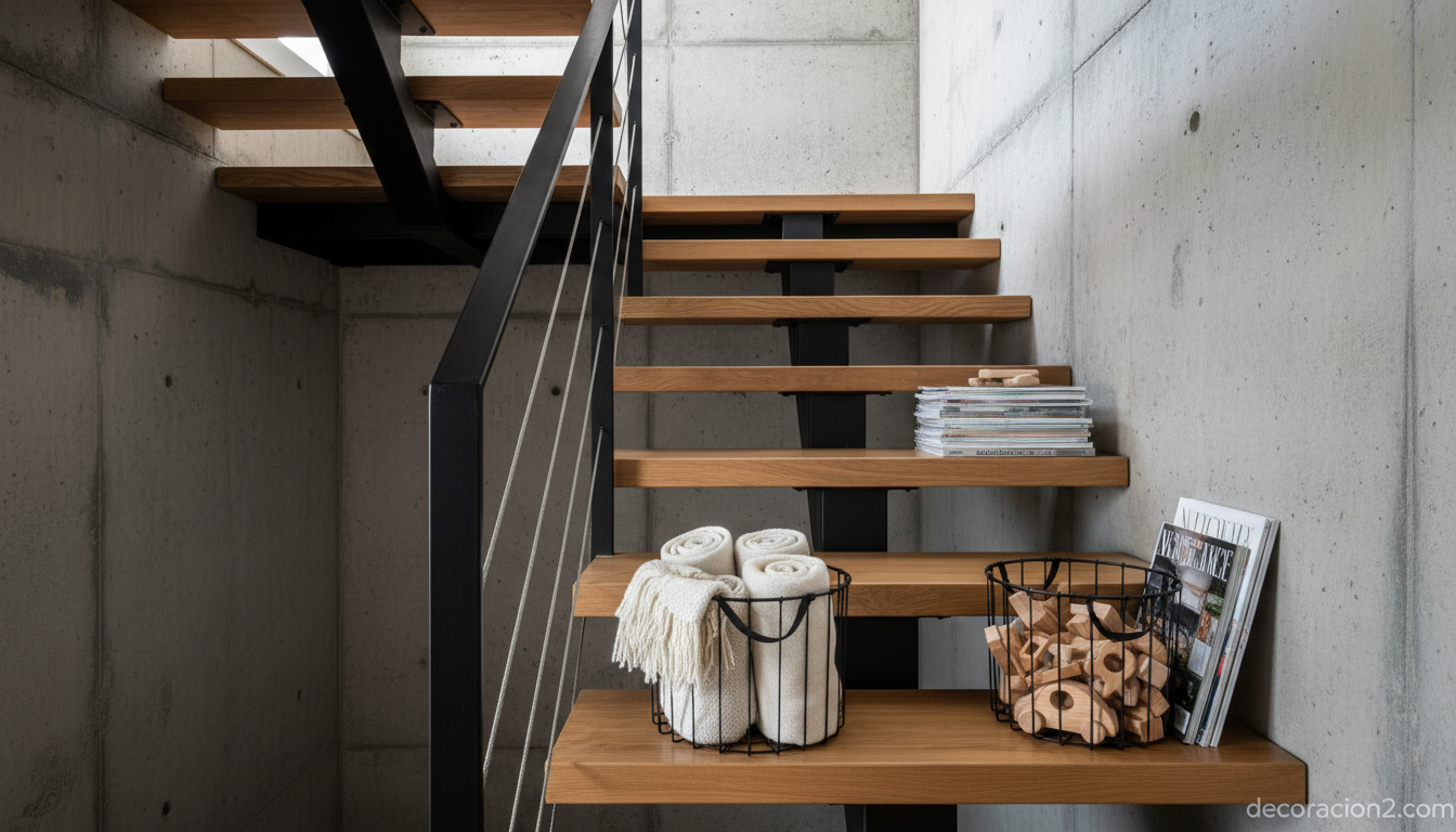 Tres cestas de metal negro como organizadores en una escalera de loft minimalista