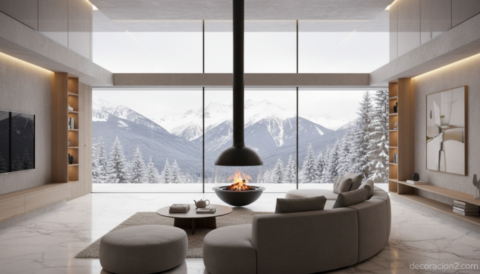 Chimenea giratoria Diva de Spartherm en salón moderno con grandes ventanales