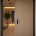 A modern minimalist front door of a European apartment with a sleek smart lock installed, warm ambie