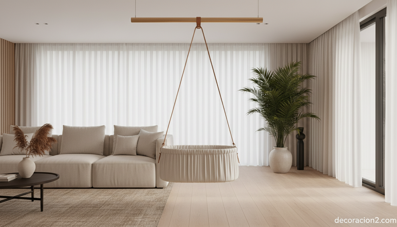 Moisés colgante fijado al techo en salón de estilo japandi