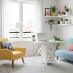 A modern small living room styled with a white glass-top folding table serving as a workspace desk,