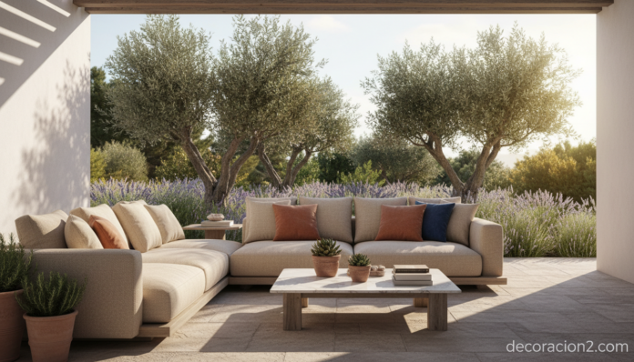 Sofá modular de exterior en tonos crudos en una terraza mediterránea
