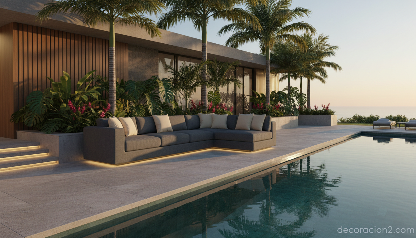 Composición en U de sofás modulares de exterior junto a una piscina