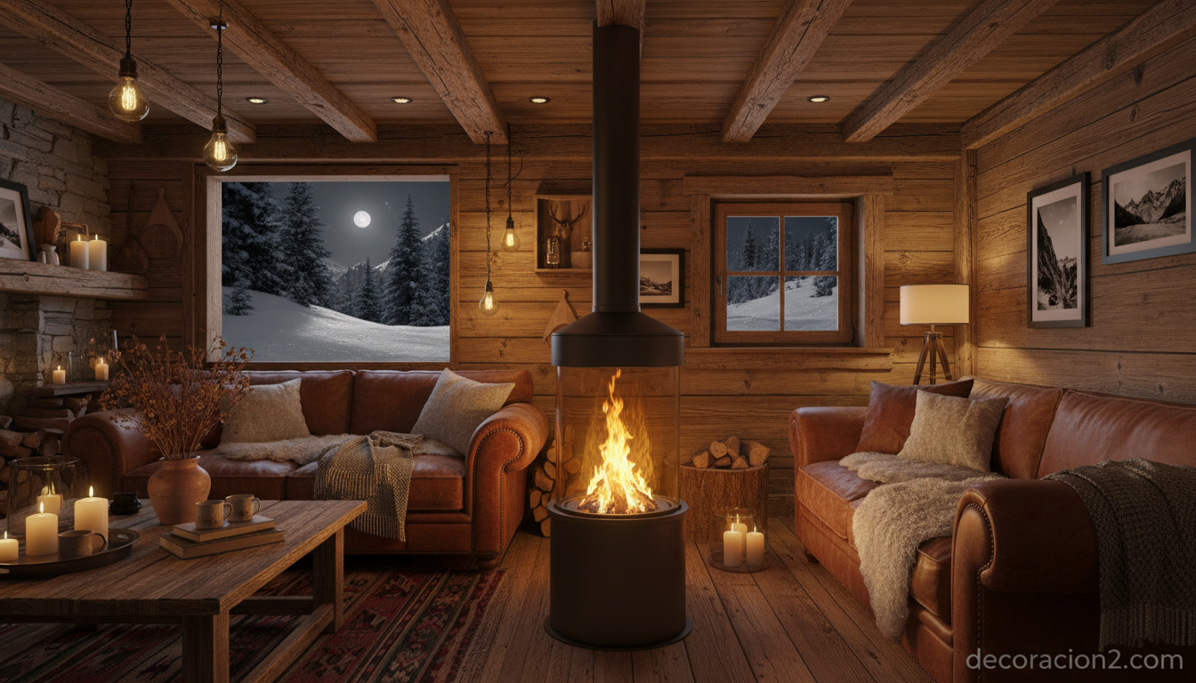Chimenea giratoria de bioetanol en salón rústico de montaña