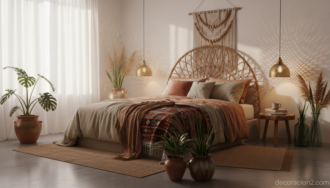 Dormitorio boho-étnico con cabecero tejido, macramé y textiles artesanales