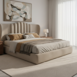 A serene contemporary master bedroom featuring a designer upholstered bed with a tall, sculptural he