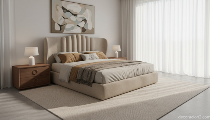 Dormitorio moderno con cama personalizada y cabecero tapizado en lino