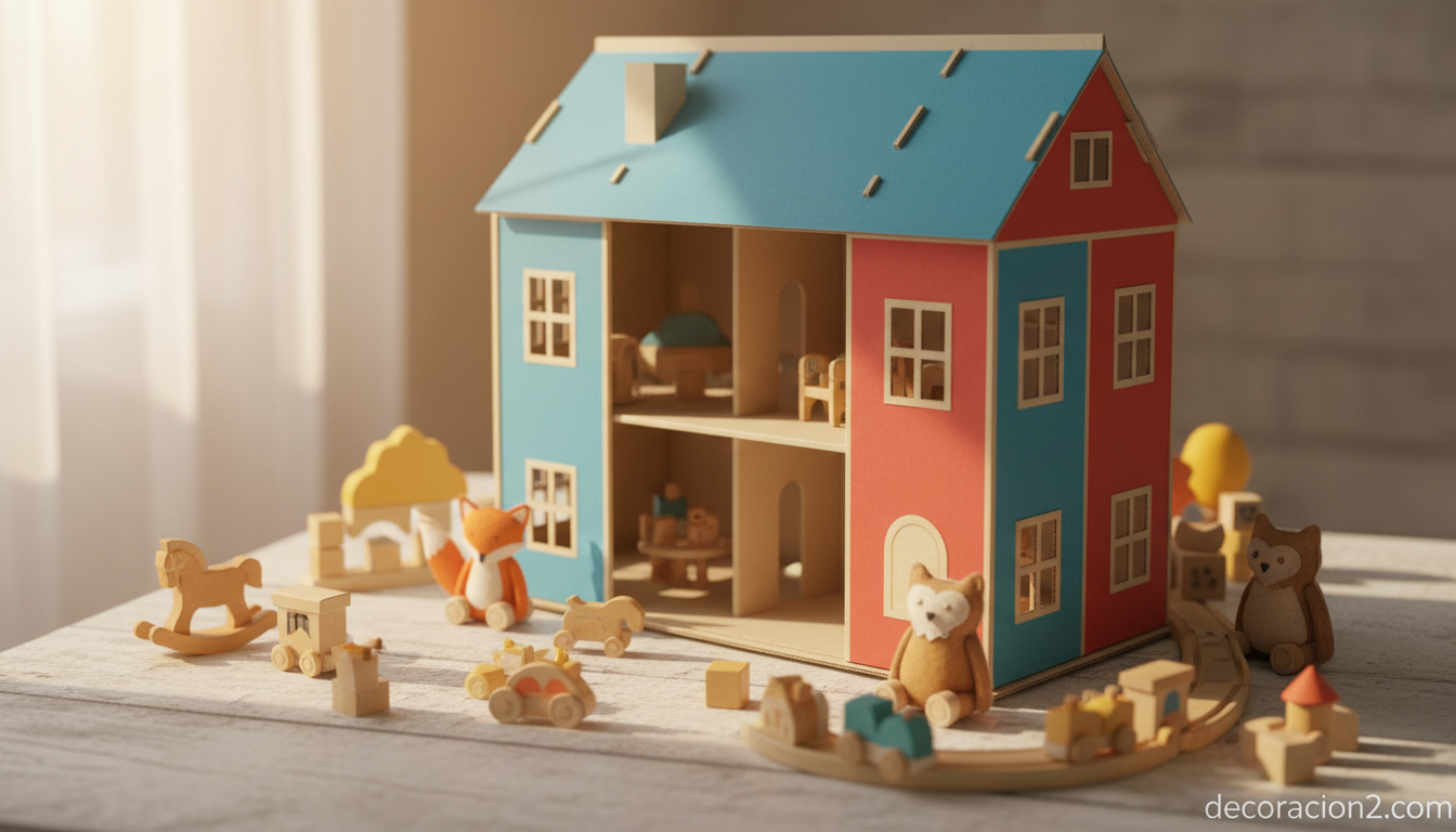 Casa de muñecas de cartón azul y roja con varias habitaciones sobre una mesa