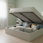 A small modern bedroom showing a canape storage bed with the mattress base lifted up, revealing a la