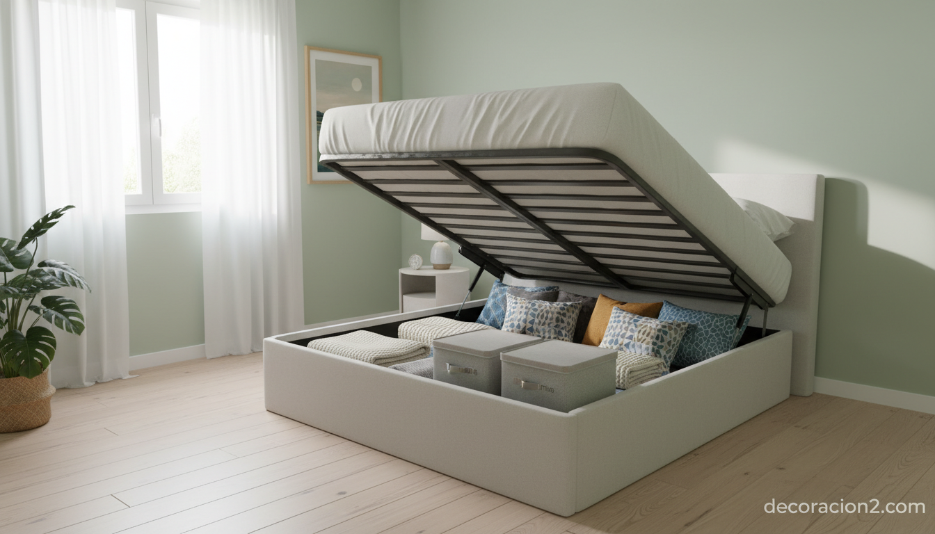 Cama canapé con almacenaje abierto en dormitorio pequeño