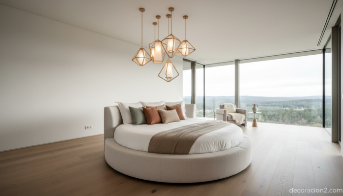 Cama circular en dormitorio moderno con diseño redondo y estilo escandinavo