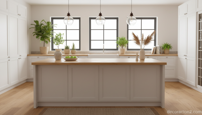 Cocina amplia con isla central y luz natural