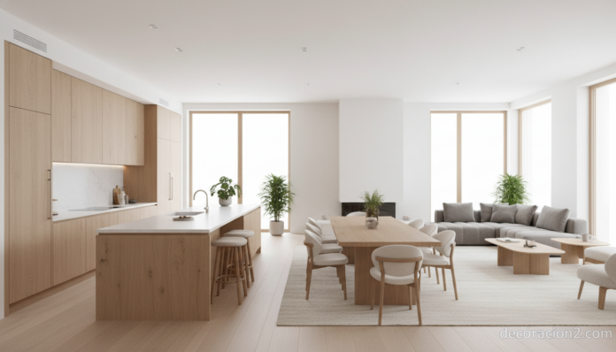 Cocina integrada en el salón con diseño continuo en madera de roble y luz natural