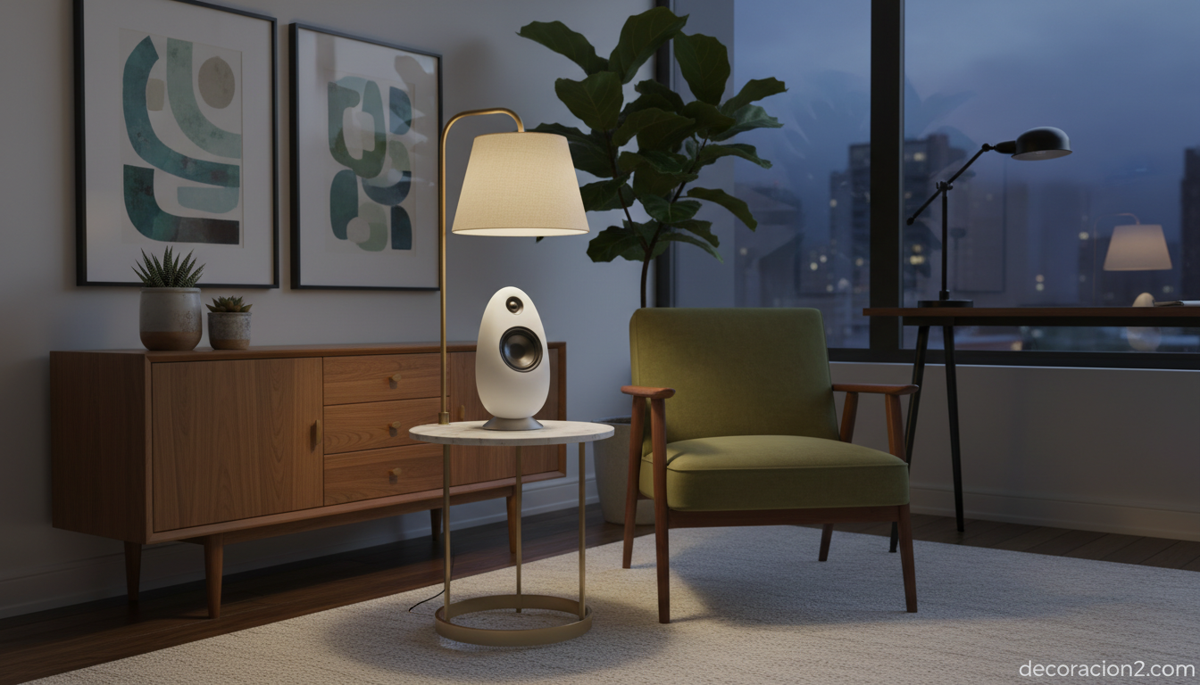 Altavoz inalámbrico escultórico sobre una mesa de mármol en un despacho de estilo mid-century