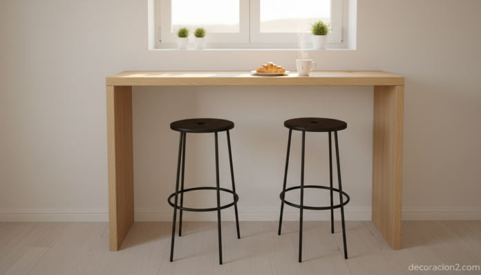 Barra de cocina adosada a la pared con taburetes modernos y luz natural