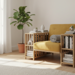 A stylish modern armchair with integrated bookshelves on both sides in a bright, cozy Scandinavian l