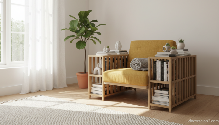 Sillón con estantería incorporada en salón nórdico moderno