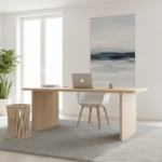 A stylish modern home office with a sleek designer wastepaper basket beside a wooden desk, Scandinav