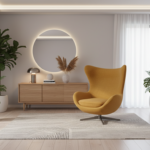 A stylish modern living room featuring a curved anatomical egg-shaped armchair in warm mustard fabri