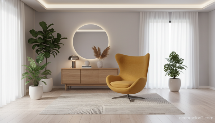 Sillón anatómico tipo huevo en salón moderno con estilo escandinavo