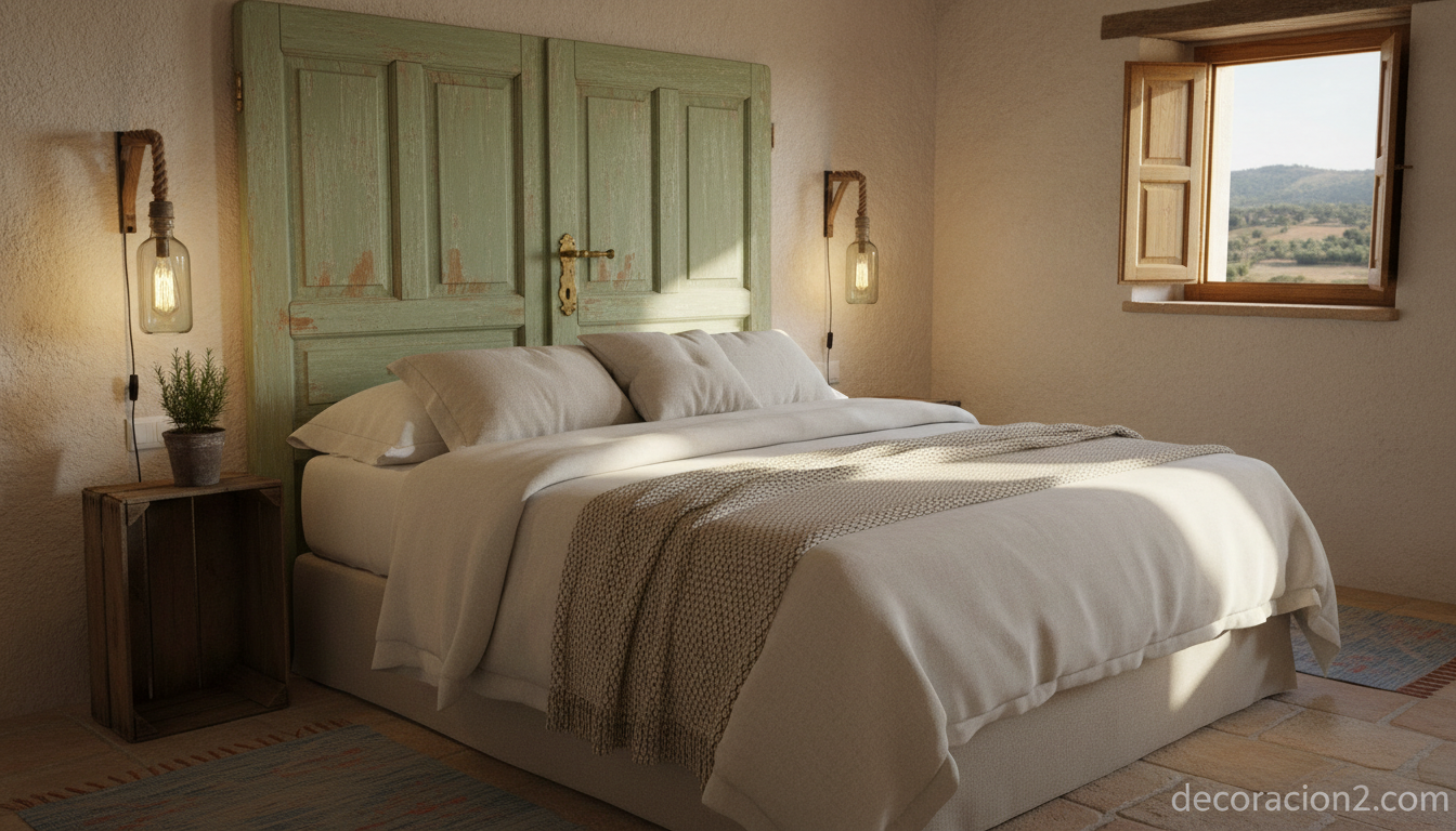 Dormitorio con cabecero hecho con una puerta antigua reciclada