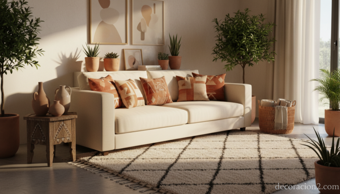 Salón decorado con complementos étnicos: alfombra bereber, cojines geométricos y cerámicas artesanales