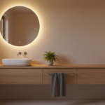A warm minimalist bathroom at dusk, seamless microcement walls in soft beige tone, a large rectangul