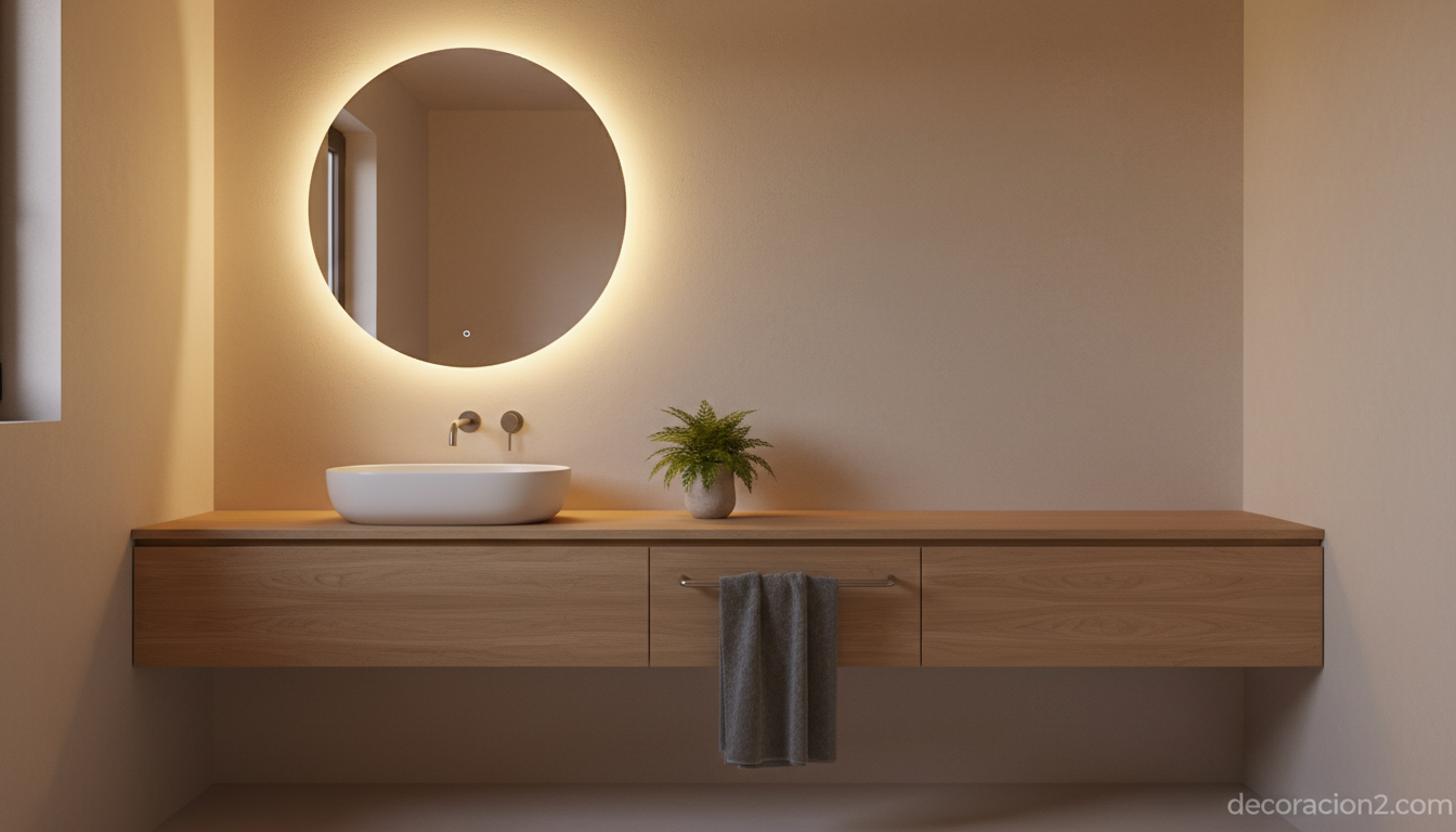 Baño minimalista cálido con microcemento beige e iluminación indirecta