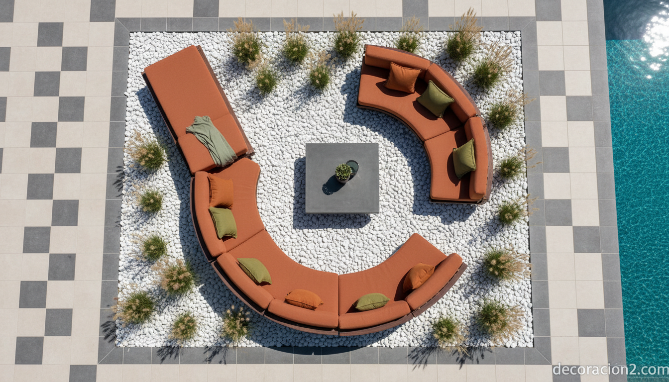 Vista cenital de muebles modulares de exterior junto a piscina estilo resort