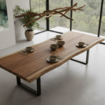 Aerial view of a luxurious dining table made from reclaimed wood with natural edges, set in an elega